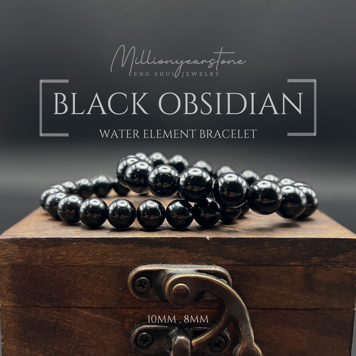Black Obsidian Bracelet, 8mm & 10mm Beads , Water Element bracelet