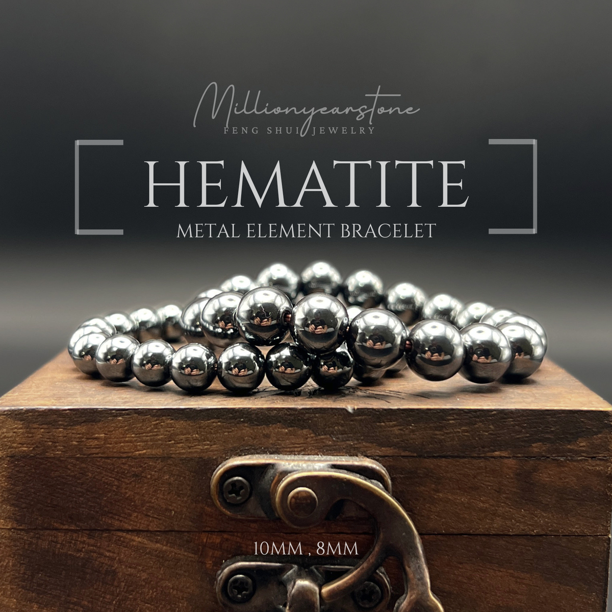Natural Hematite Bracelet, Metal Element Feng Shui Jewelry 8mm, 10mm