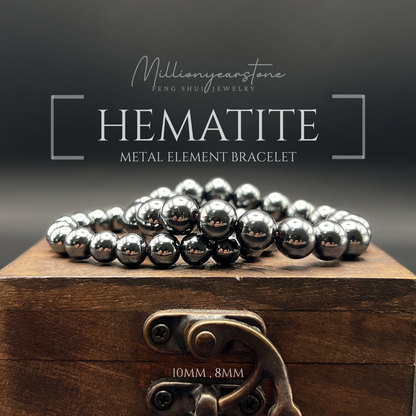 Natural Hematite Bracelet, Metal Element Feng Shui Jewelry 8mm, 10mm