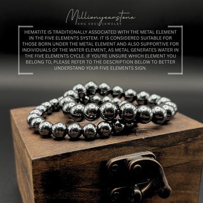 Natural Hematite Bracelet, Metal Element Feng Shui Jewelry 8mm, 10mm