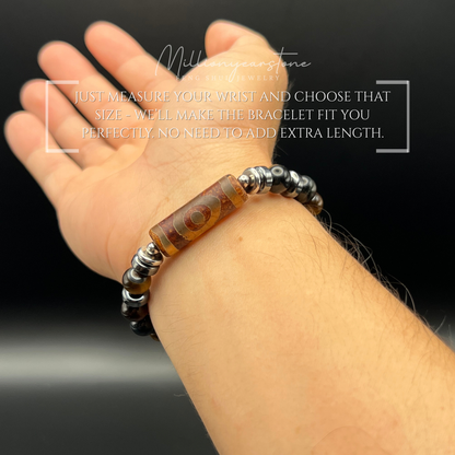 Tibetan Feng shui bracelet - Three-Eye Dzi charm , Multi Tiger Eye & Hematite 8mm