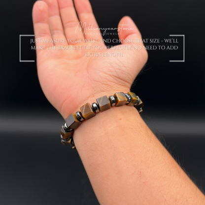 Tiger Eye Square Bead Bracelet 9x9mm | Hematite Spacers