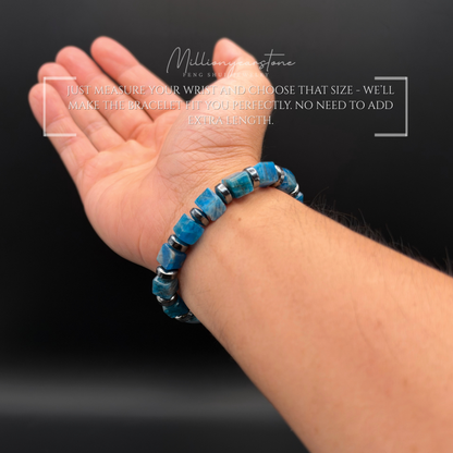 Blue Apatite Bracelet 9mm Square Beads | Hematite Spacers
