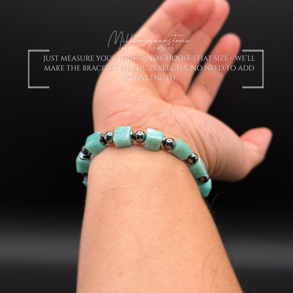 Amazonite Bracelet 7mm Square Beads | Hematite Spacers