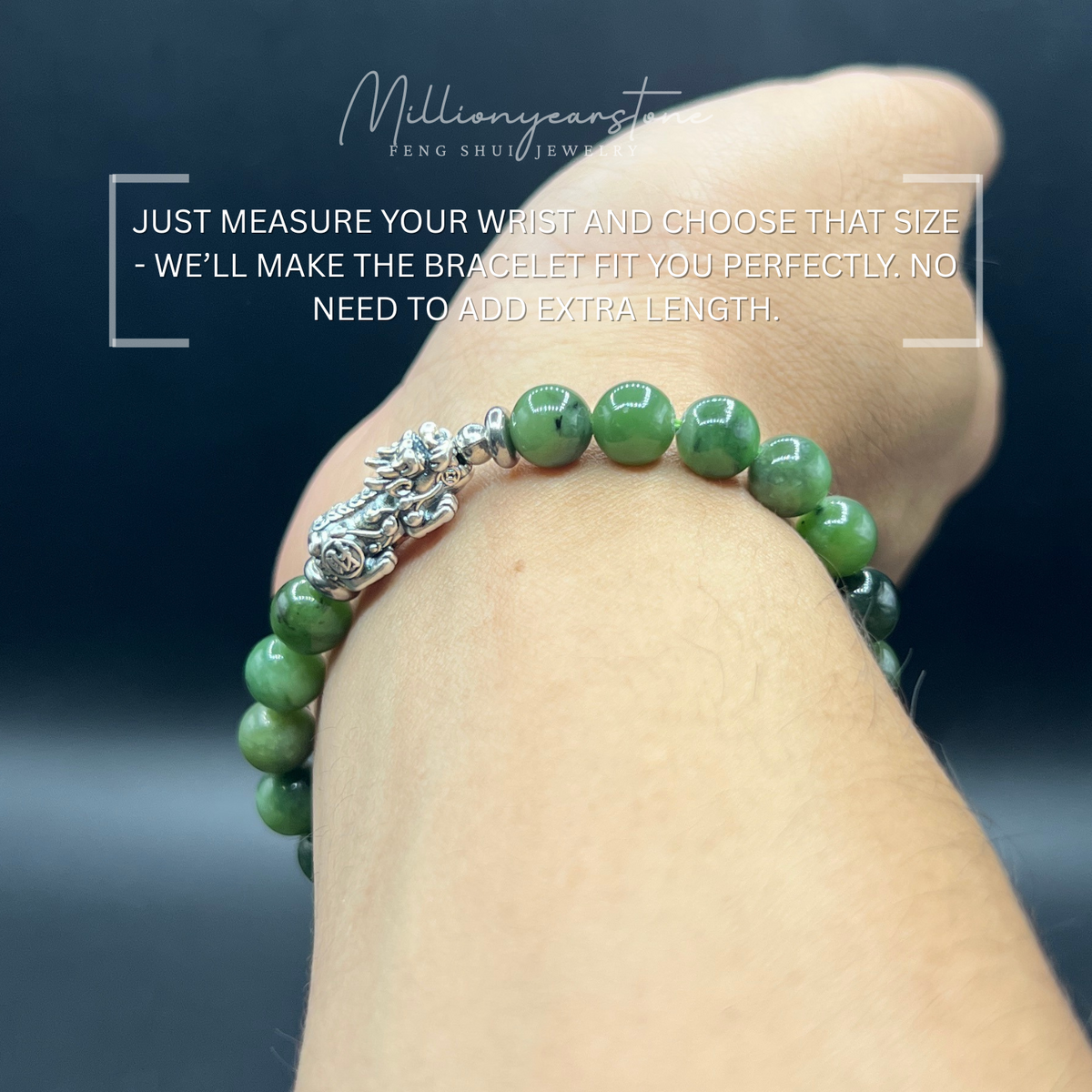 Silver Pixiu bracelet - Nephrite Green Jade & S925 Silver charm - 7.5mm