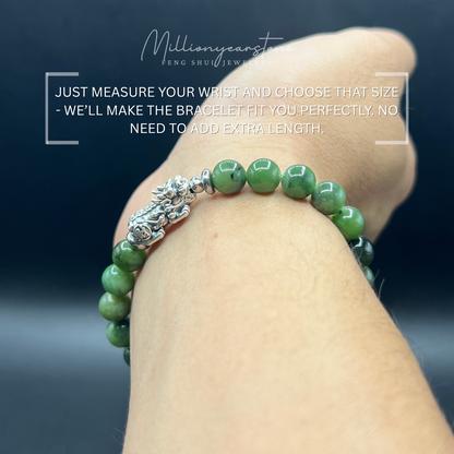 Silver Pixiu bracelet - Nephrite Green Jade & S925 Silver charm - 7.5mm