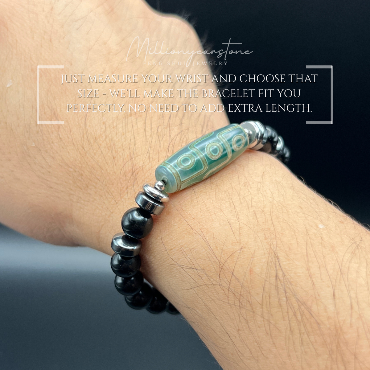 Feng Shui Tibetan bracelet - Nine-Eye Dzi charm, Black Obsidian 8mm