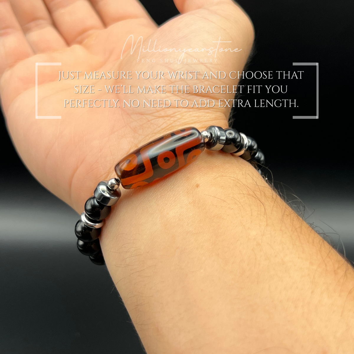 Feng Shui Tibetan bracelet - Fortune Guardian Nine-Eye Dzi charm, Black Obsidian 8mm