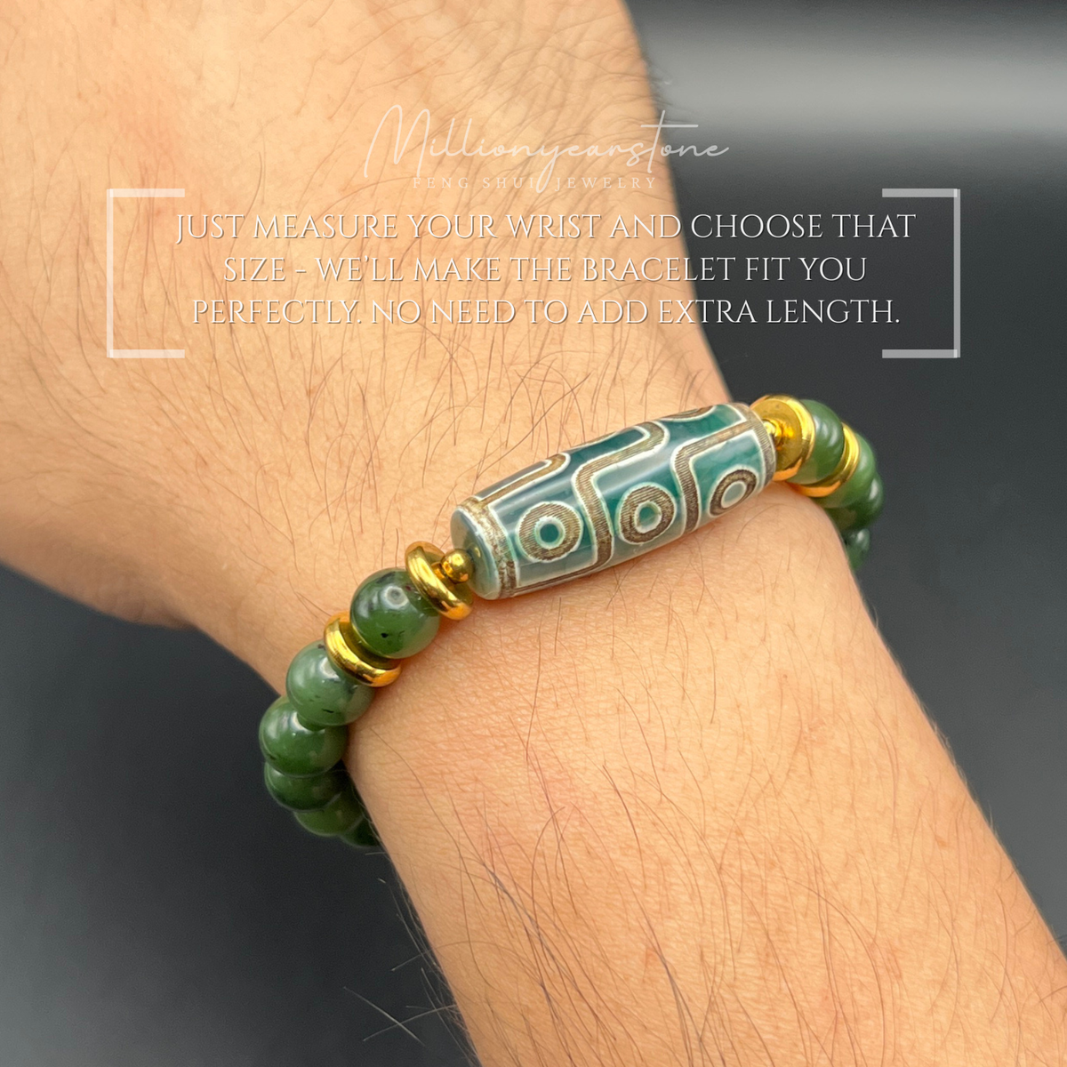 Tibetan Feng Shui bracelet - Nephrite Jade 7.5mm with Nine Eye Dzi charm