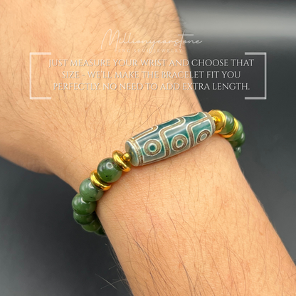Tibetan Feng Shui bracelet - Nephrite Jade 7.5mm with Nine Eye Dzi charm