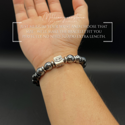 Evil Eye charm bracelet -  Hematite , Gray Tiger's eye 10mm