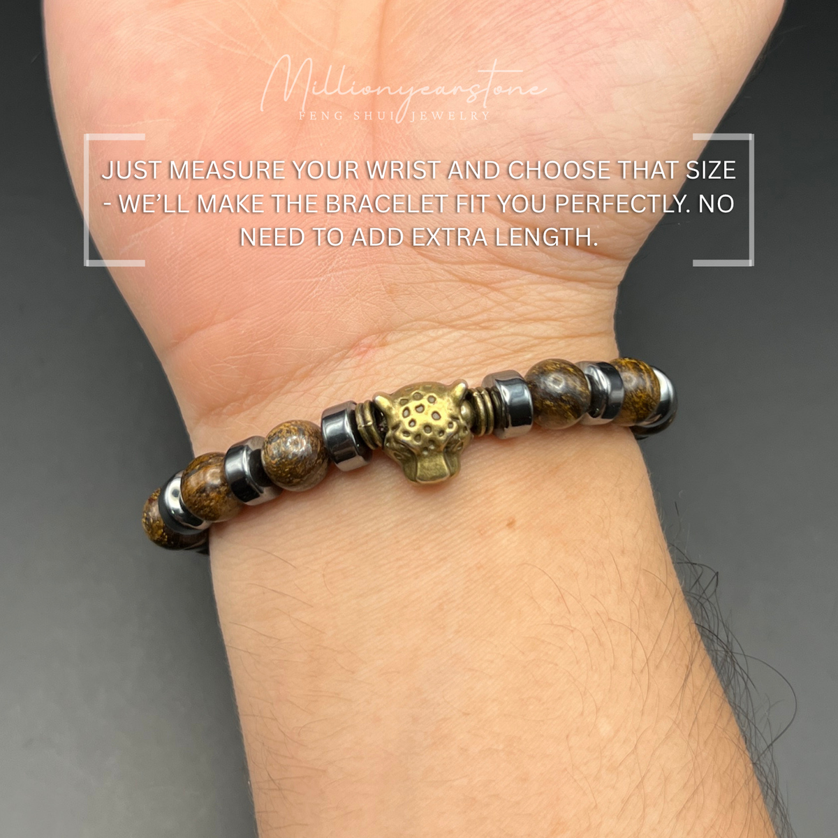 Petrified Wood Bracelet with Copper Leopard Charm | 8mm