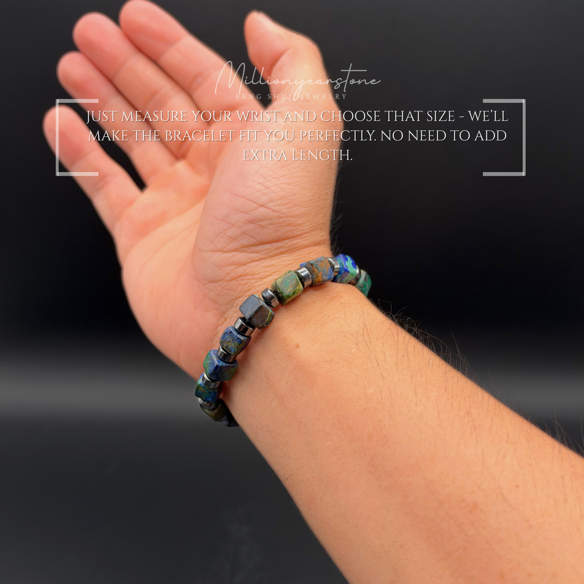 Azurite Bracelet 7x7mm Square Beads | Hematite Spacers