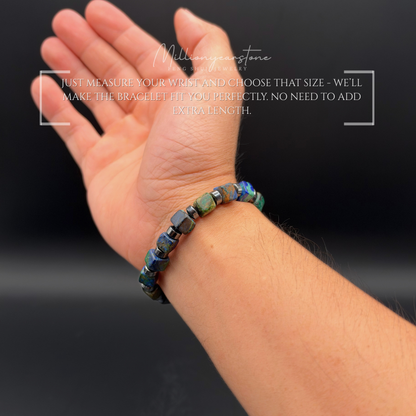 Azurite Bracelet 7x7mm Square Beads | Hematite Spacers