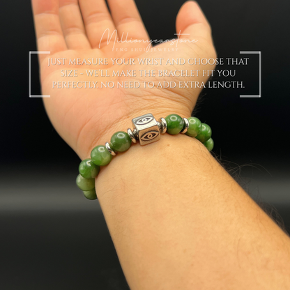 Evil Eye Charm braclet, Nephrite Jade Bracelet 9.5mm - Stainless steel charm
