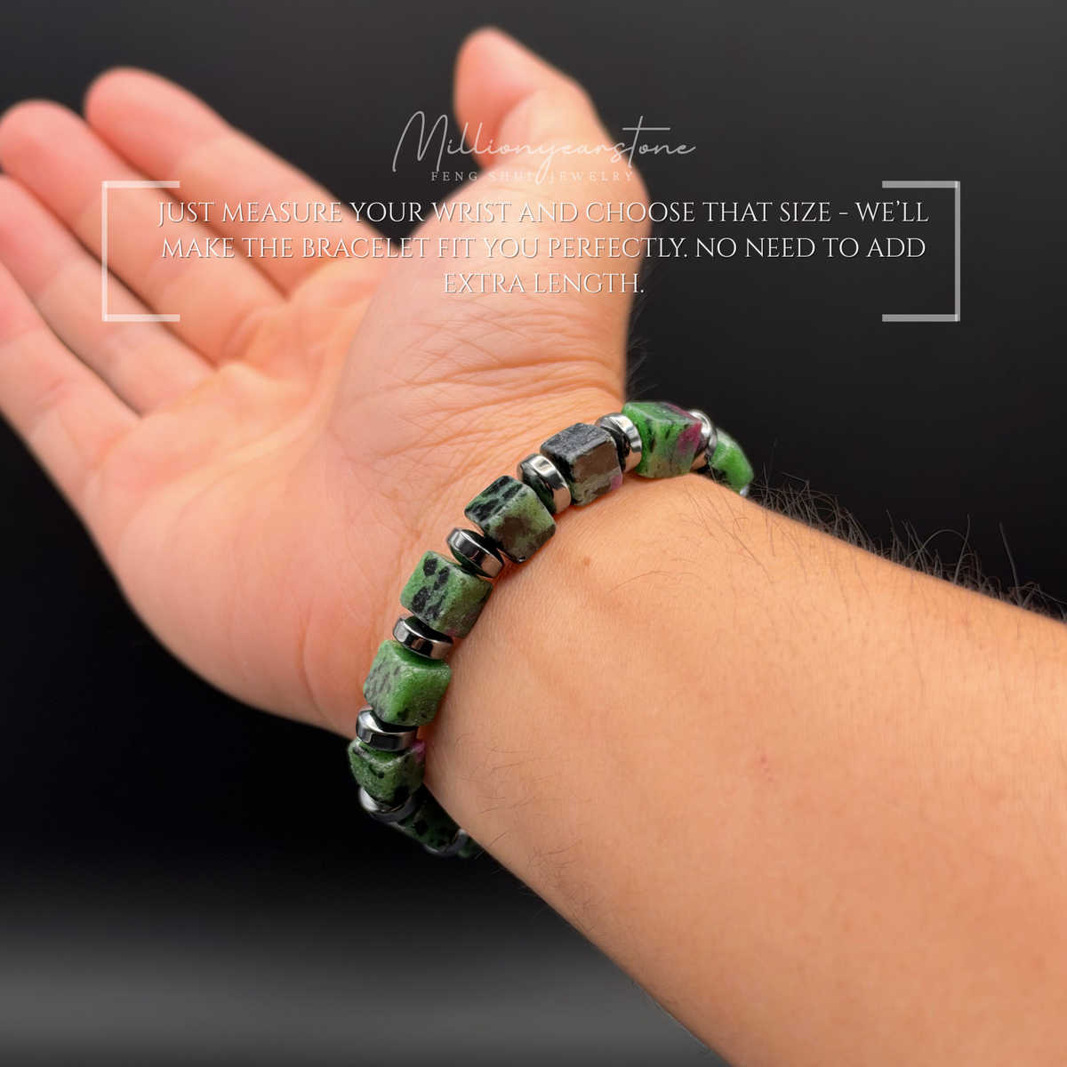 Ruby Zoisite Bracelet, 8x8mm Square Beads, Hematite Spacers
