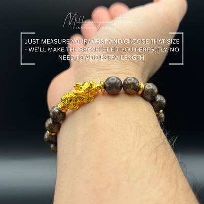 Pixiu bracelet - Petrified Wood & 24k Gold Filled Pixiu Charm | 8mm