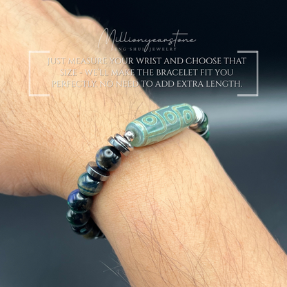 Tibetan Feng Shui bracele - Blue Green Tiger eye 8mm - Nine Eye Dzi charm