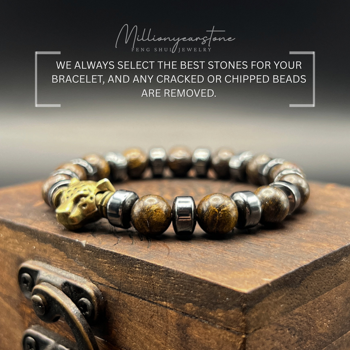 Petrified Wood Bracelet with Copper Leopard Charm | 8mm