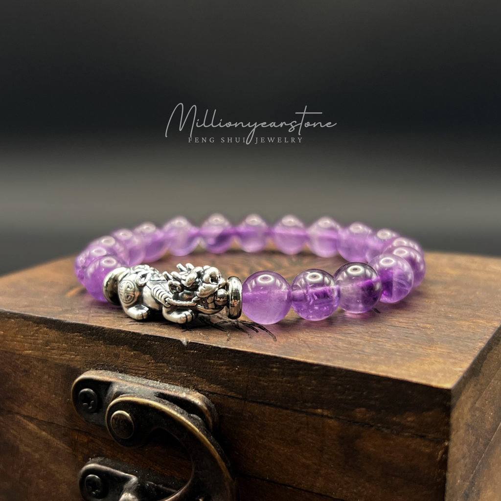 Light Amethyst Pixiu Bracelet, 8mm Natural Gemstone, S999 Silver Charm, Feng Shui Jewelry
