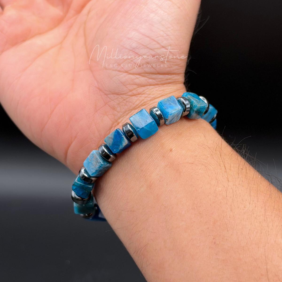 Blue Apatite Bracelet 9mm Square Beads | Hematite Spacers