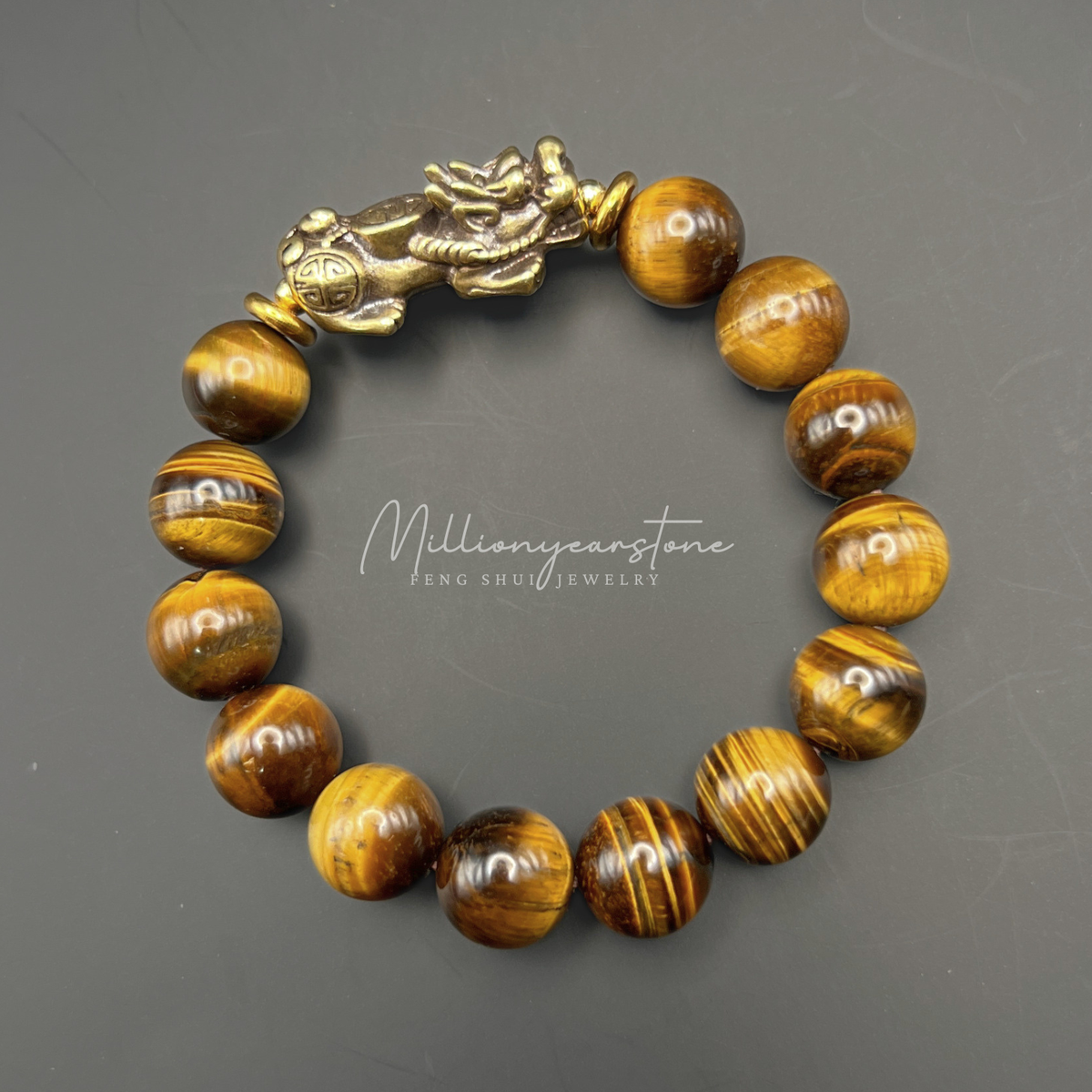 Pixiu bracelet - Tiger' Eye 12mm x Yellow Copper charm
