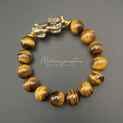Pixiu bracelet - Tiger' Eye 12mm x Yellow Copper charm