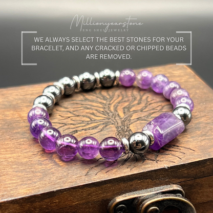 Amethyst & Hematite bracelet - 8mm gemstone beaded .