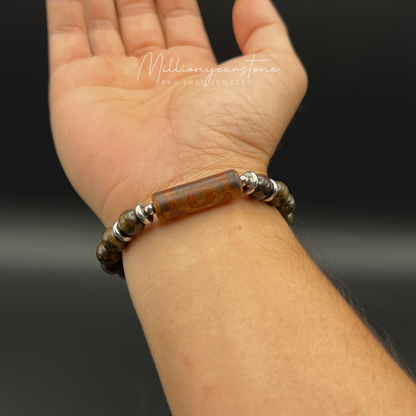 Tibetan Feng Shui bracelet - Petrified Wood with Three Eye Dzi charm - 8mm