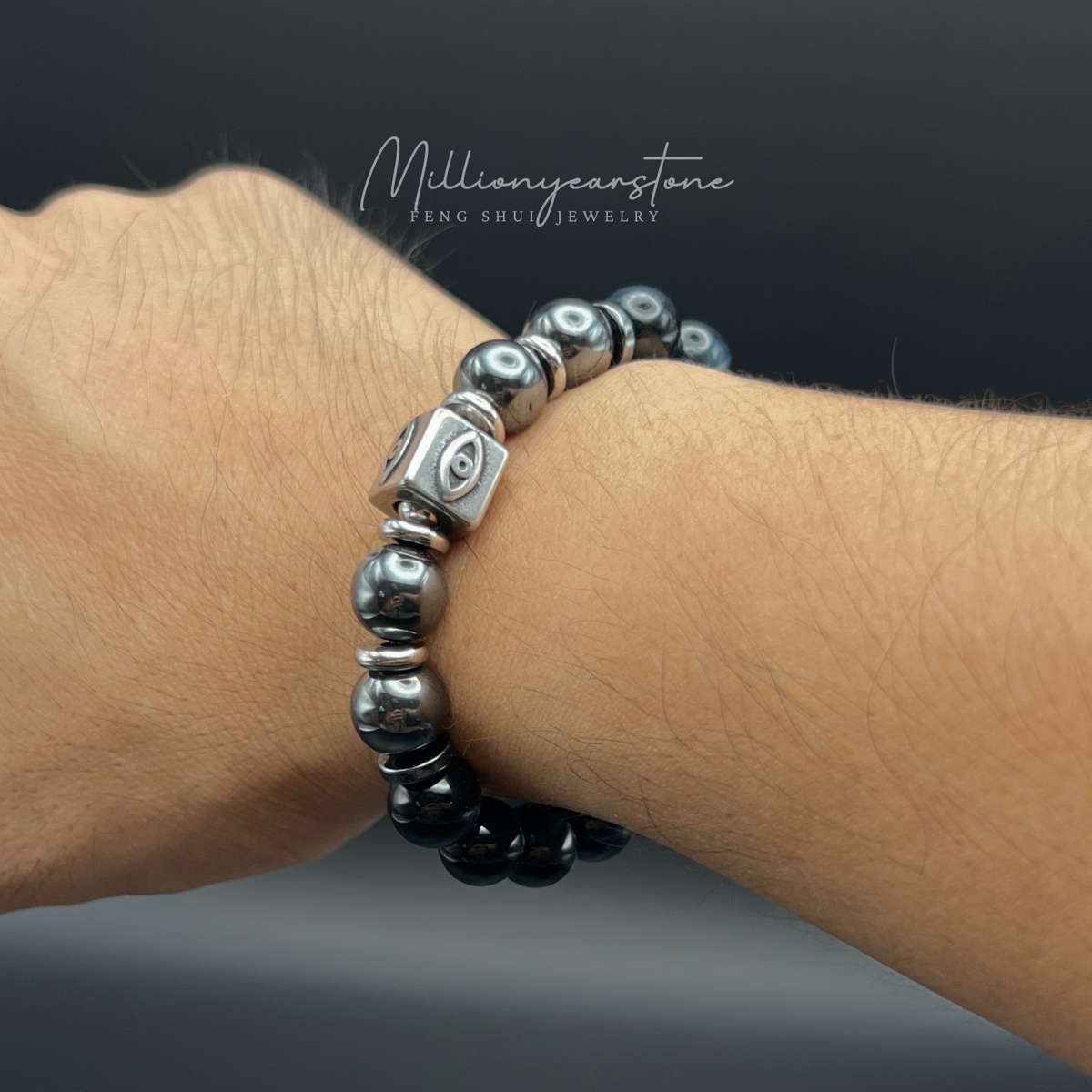 Evil Eye charm bracelet -  Hematite , Gray Tiger's eye 10mm