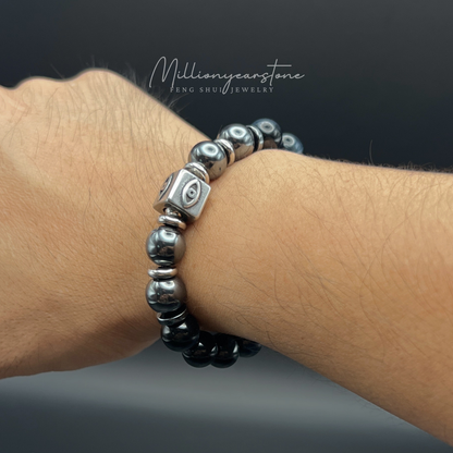 Evil Eye charm bracelet -  Hematite , Gray Tiger's eye 10mm