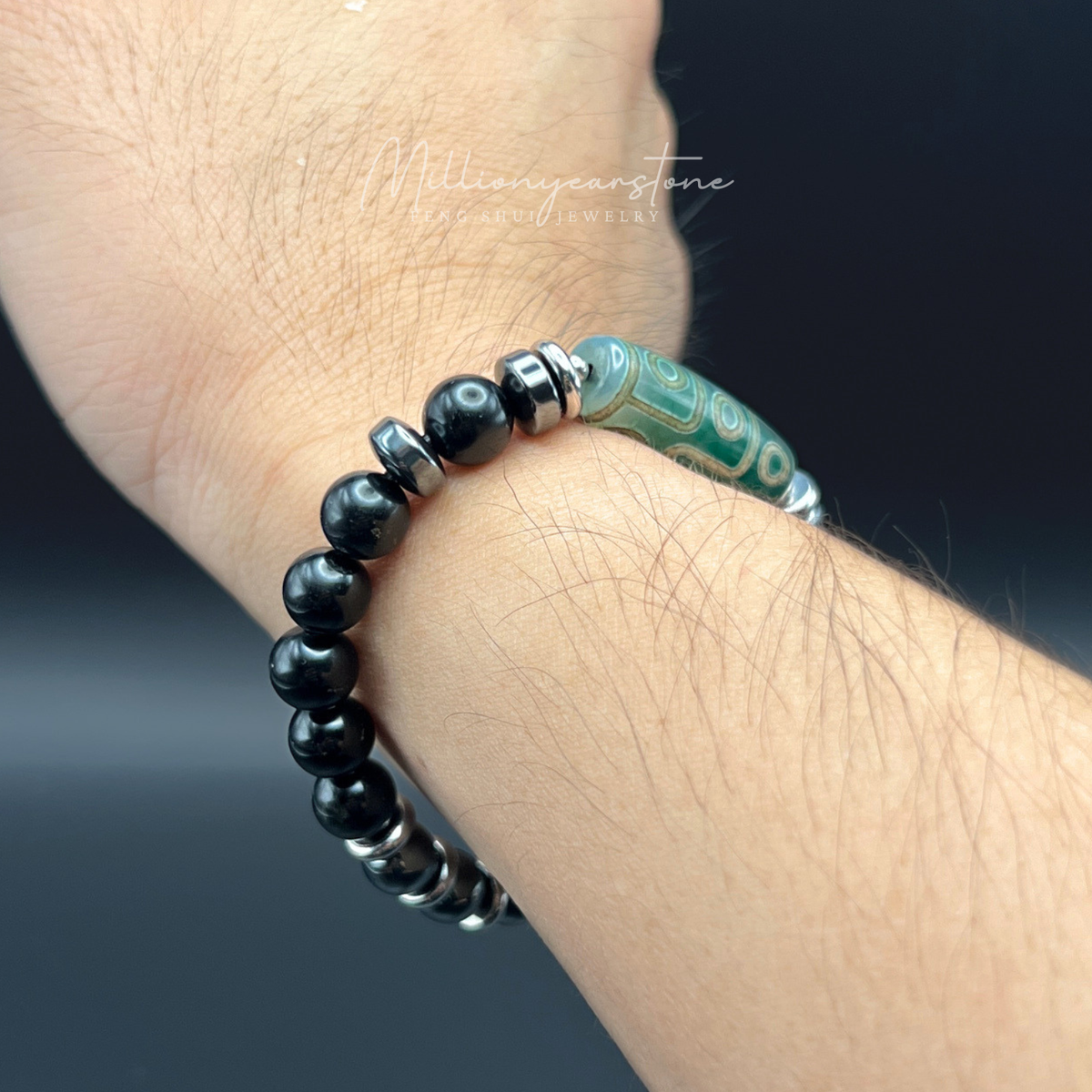 Feng Shui Tibetan bracelet - Nine-Eye Dzi charm, Black Obsidian 8mm