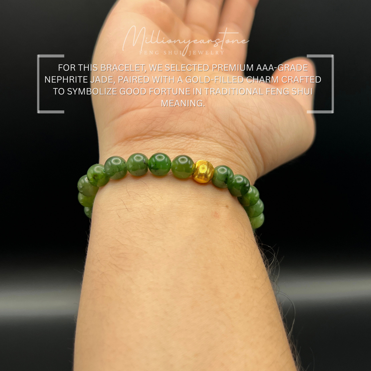 Nephrite Jade & Gold filled Lucky charm bracelet | 7.5mm