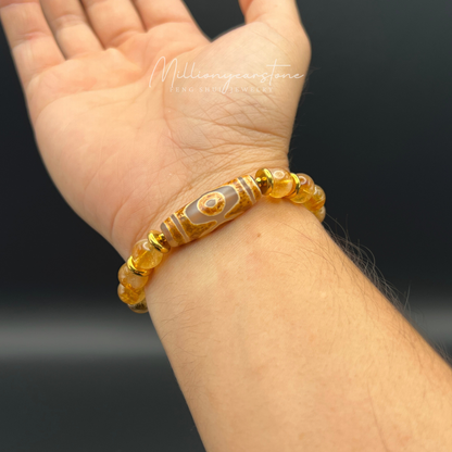 Tibetan Feng Shui bracelet - Citrine with Three Eye Dzi charm - 8mm