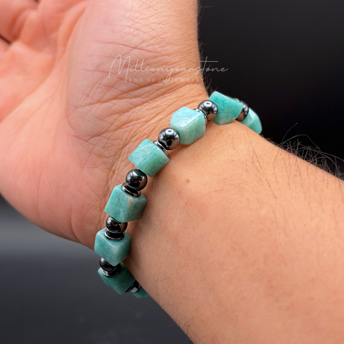 Amazonite Bracelet 7mm Square Beads | Hematite Spacers