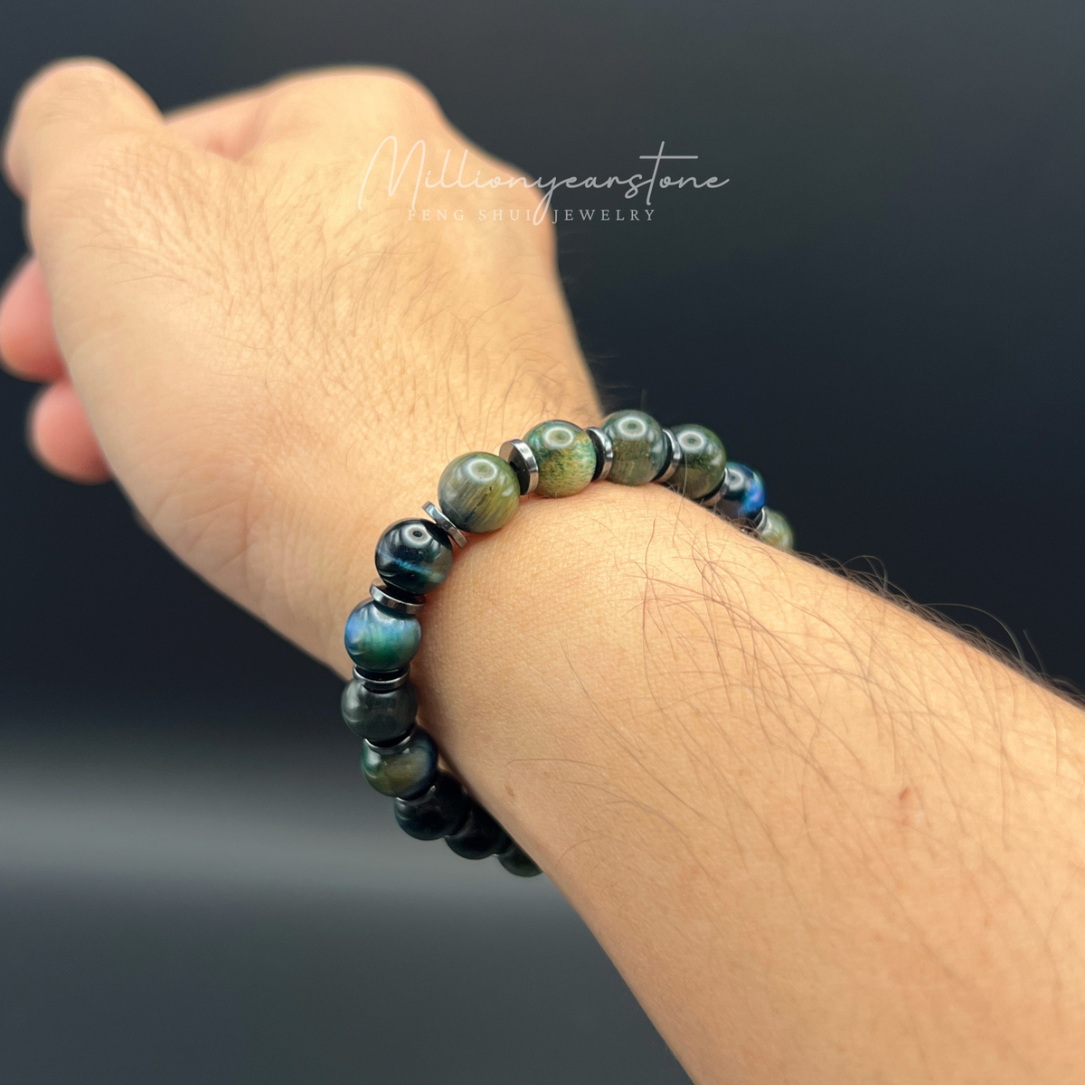 Green Tiger's Eye Bracelet, 8mm beads , hematite spacers