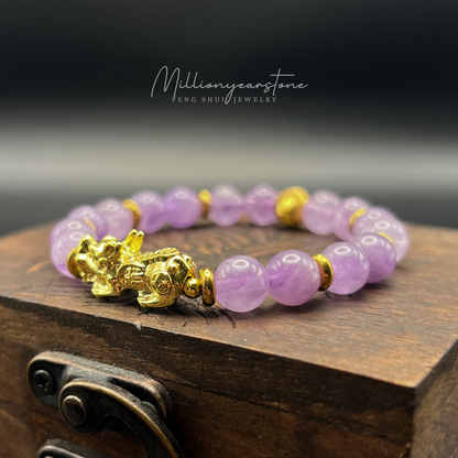Pixiu Bracelet, 8mm Lavender Quartz , 24k Gold Filled Charm