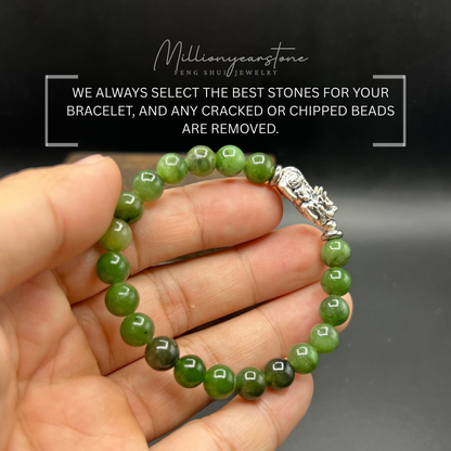Silver Pixiu bracelet - Nephrite Green Jade & S925 Silver charm - 7.5mm