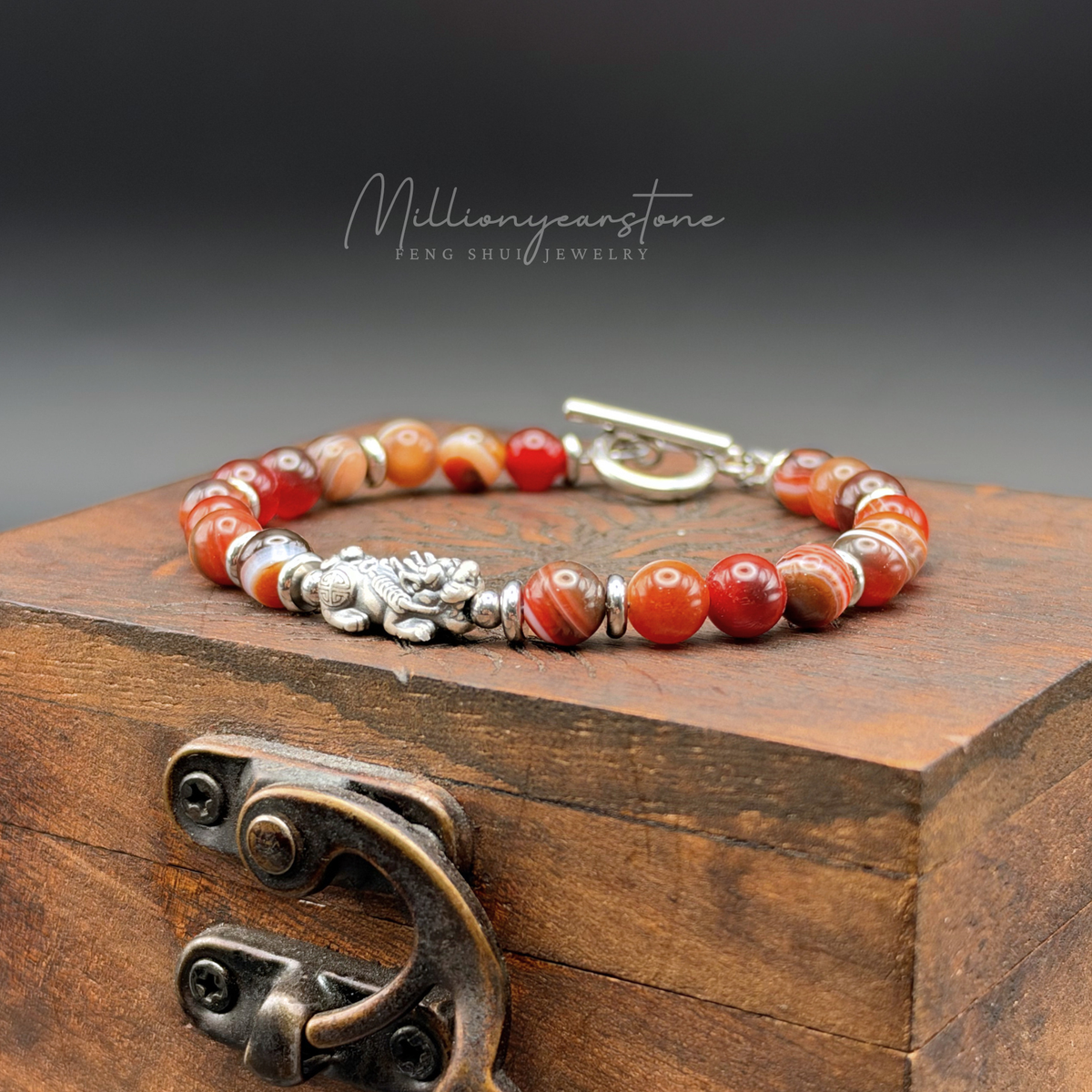 Pixiu Bracelet – 6mm Red Agate Beads, S925 Sterling Silver Pixiu