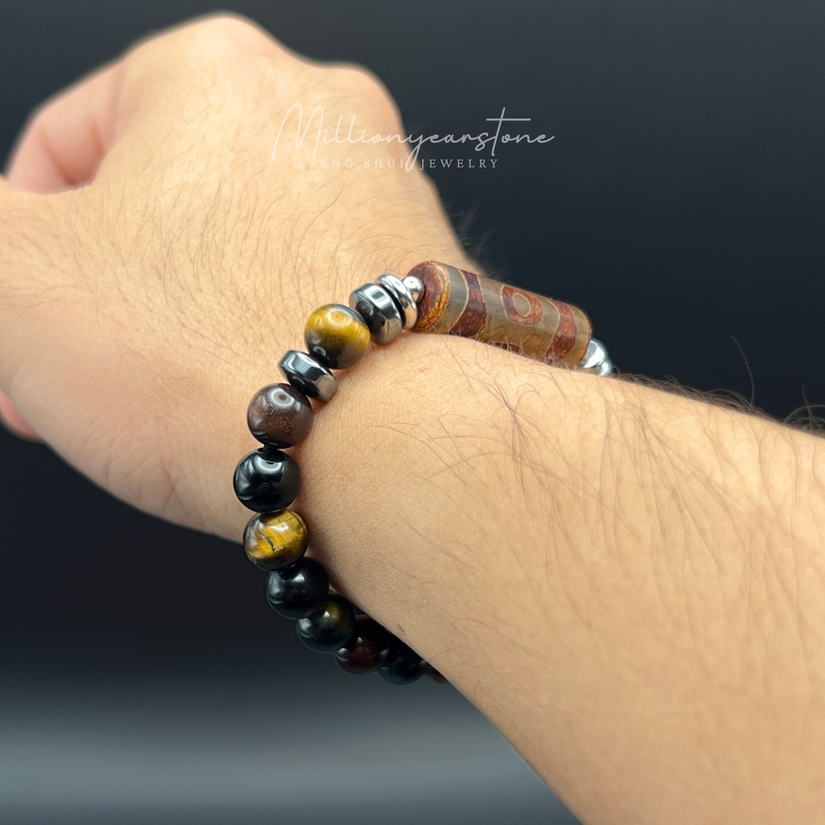 Tibetan Feng shui bracelet - Three-Eye Dzi charm , Multi Tiger Eye & Hematite 8mm