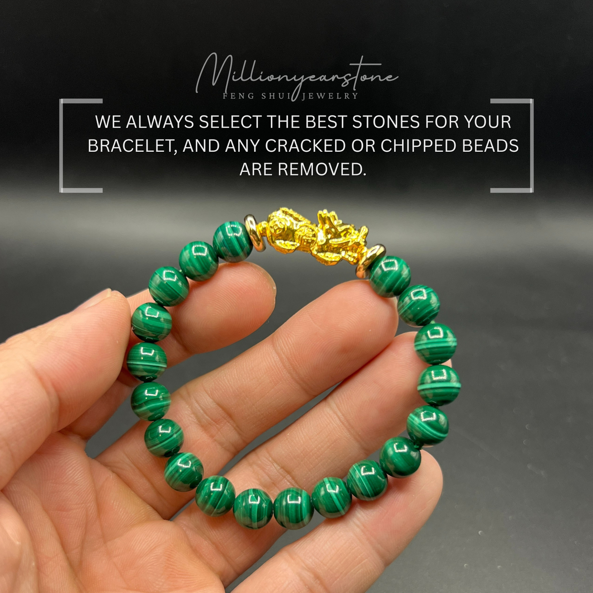 Pixiu bracelet - Malachite & 24k gold filled charm | 8mm