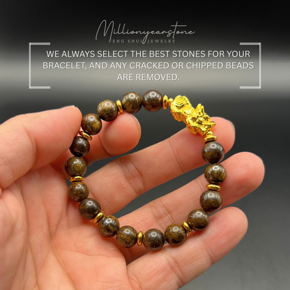 Pixiu bracelet - Petrified Wood & 24k Gold Filled Pixiu Charm | 8mm