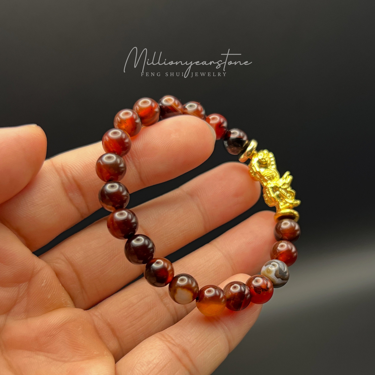 Pixiu bracelet - Red Agate 8mm & 24K Gold Filled charm