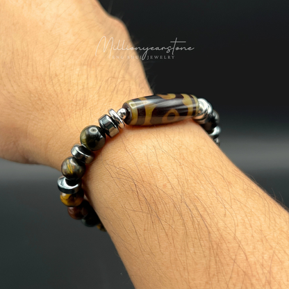 Tibetan Feng Shui bracelet - Multi Tiger's eye 8mm - Three Eye Dzi charm