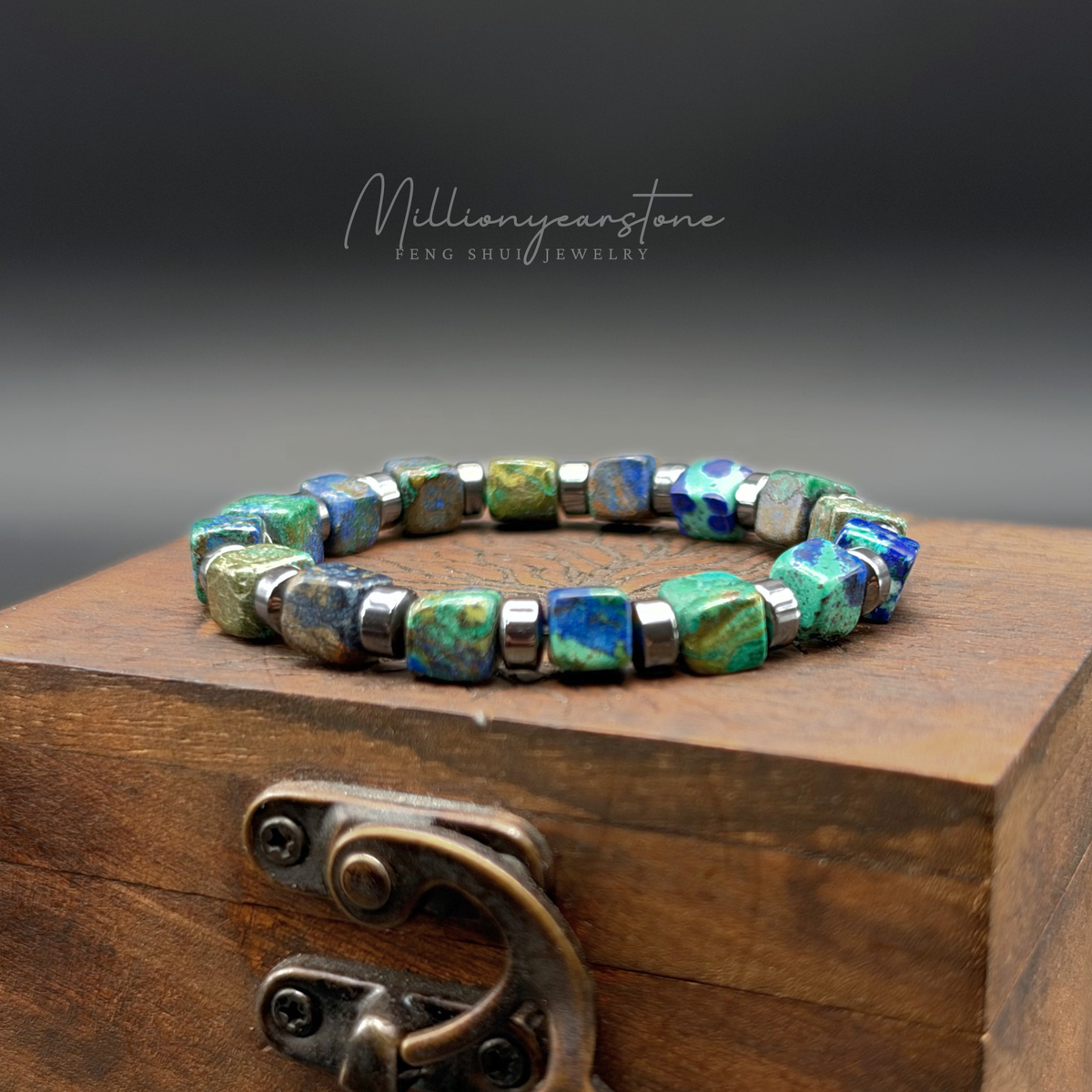 Azurite Bracelet 7x7mm Square Beads | Hematite Spacers
