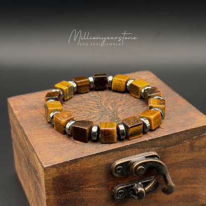 Tiger Eye Square Bead Bracelet 9x9mm | Hematite Spacers