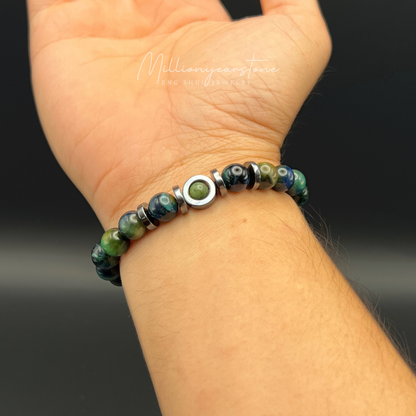 Tibetan Feng Shui bracele - Blue Green Tiger eye 8mm - Nine Eye Dzi charm