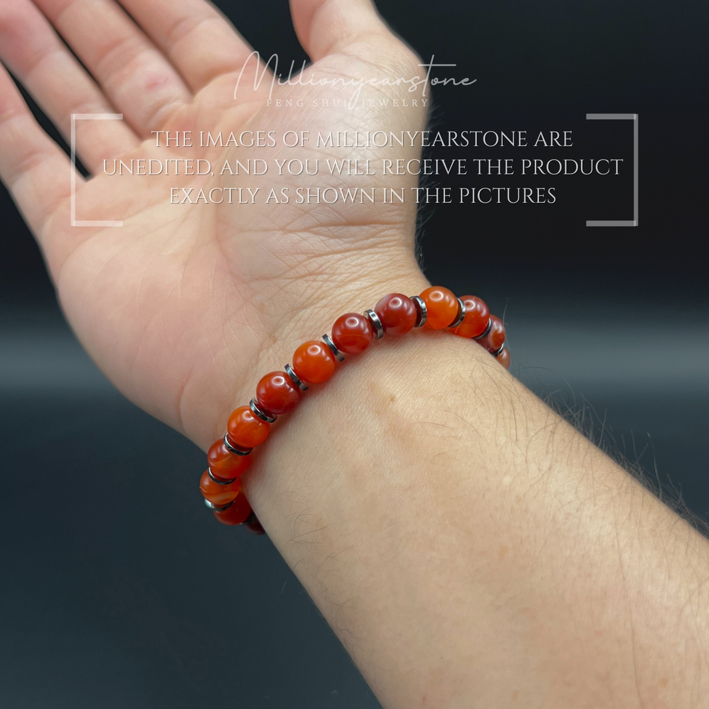 Natural Carnelian Hematite Beaded Bracelet, 8mm Feng Shui Gemstone Jewelry