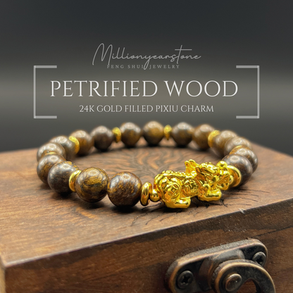 Pixiu bracelet - Petrified Wood & 24k Gold Filled Pixiu Charm | 8mm