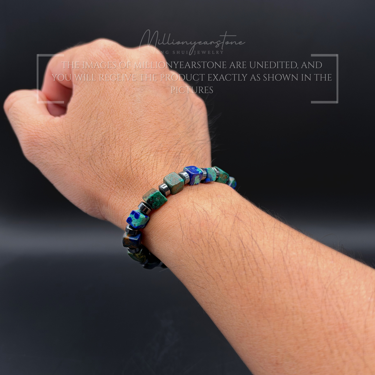 Azurite Bracelet 7x7mm Square Beads | Hematite Spacers